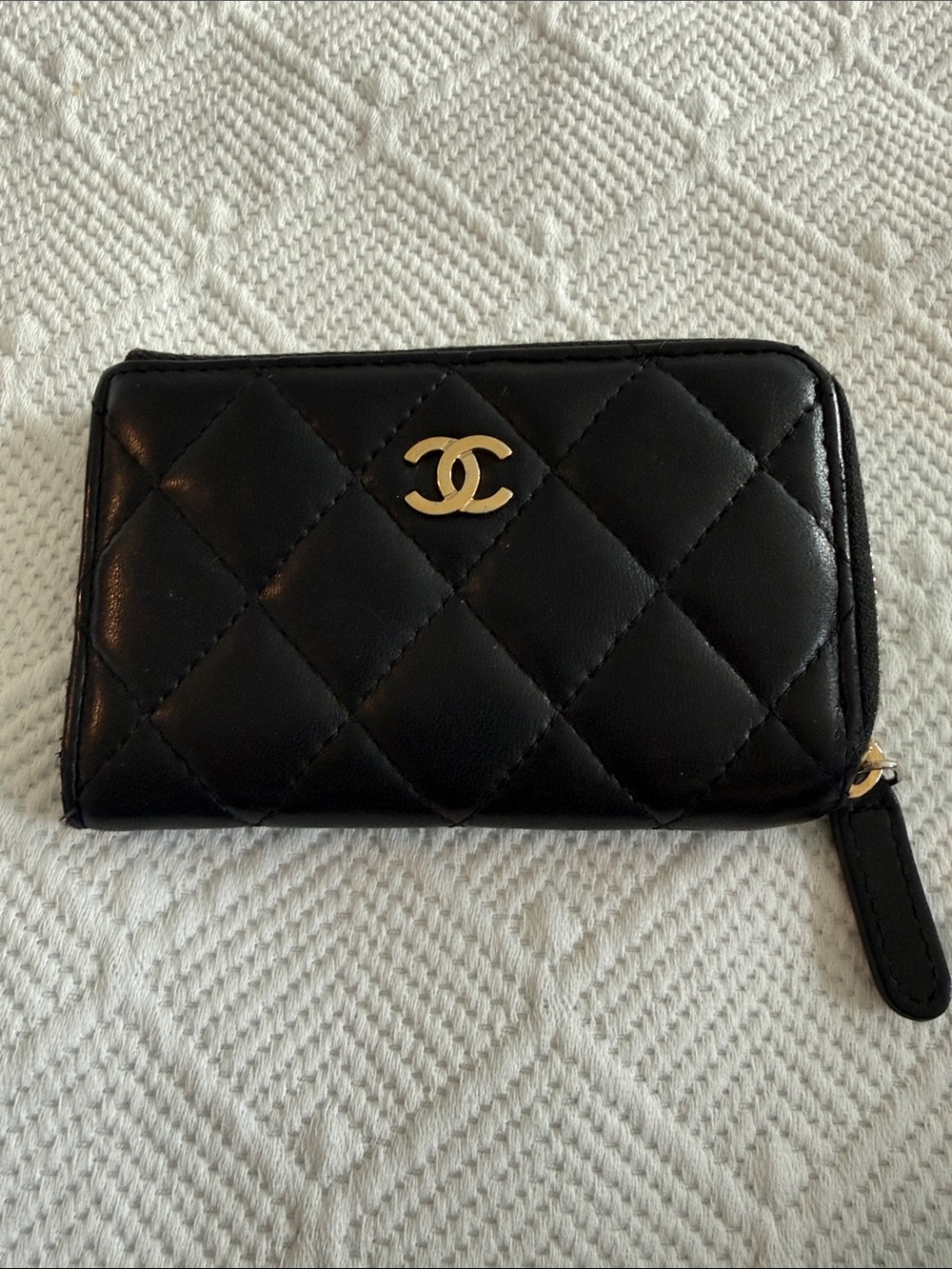 Authentic CHANEL Black Quilted Zip-Around Wallet with Gold CC Emblem with COA